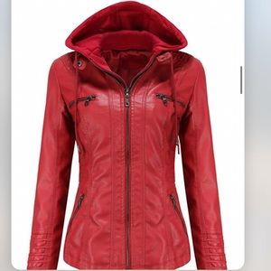 Tagoo Faux Red Leather Jacket Women Motorcycle Jacket with Removable Hood